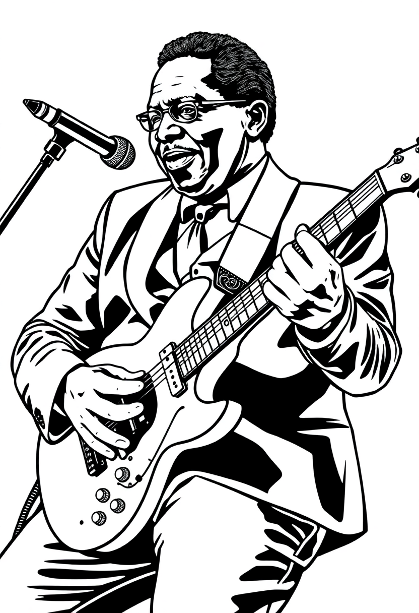 B.B. King with Guitar coloring page, free printable