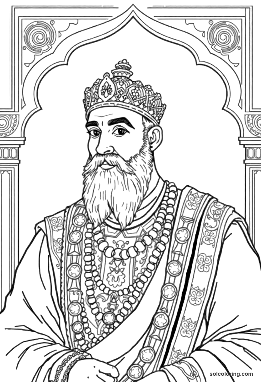 Babur Founding the Mughal Empire coloring page, free printable detailed style
