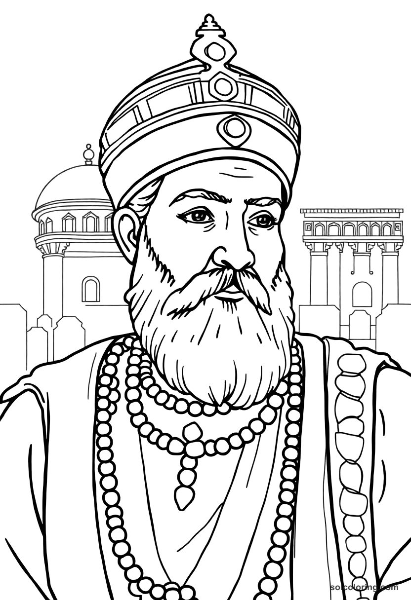 Babur Founding the Mughal Empire coloring page, free printable realistic style