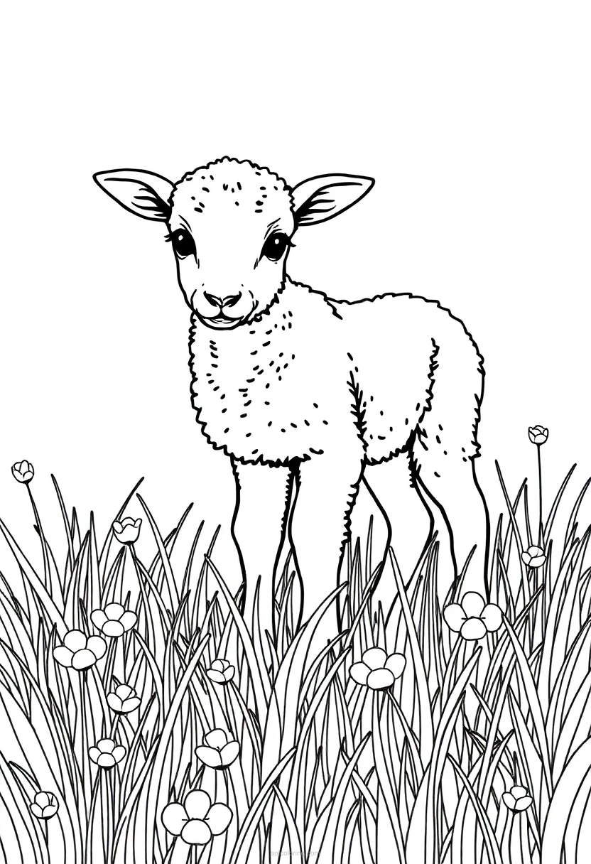 Baby Lamb in Meadow coloring page for kids