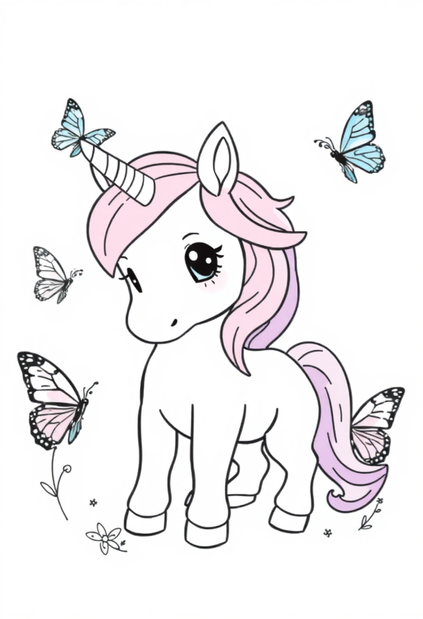 Baby Unicorn With Butterfly Friends coloring page