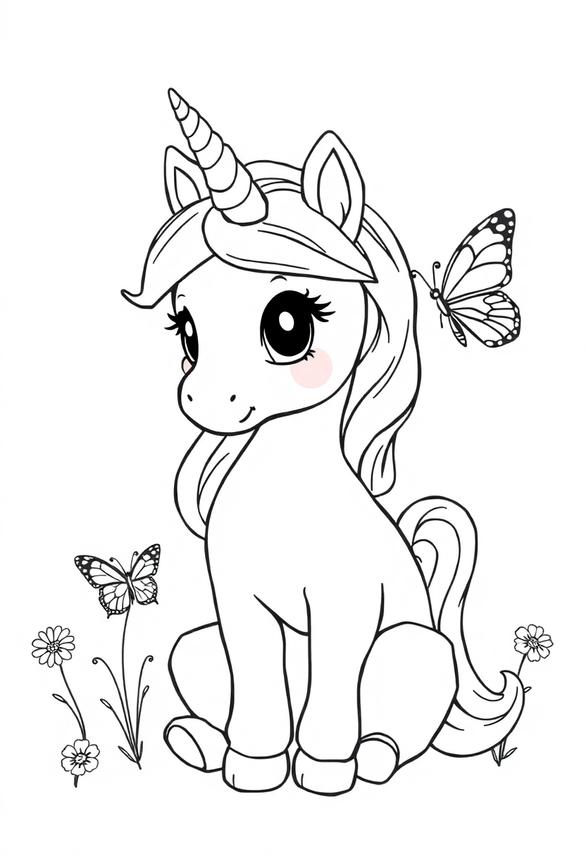 Baby Unicorn with Butterfly Friends coloring page, free printable