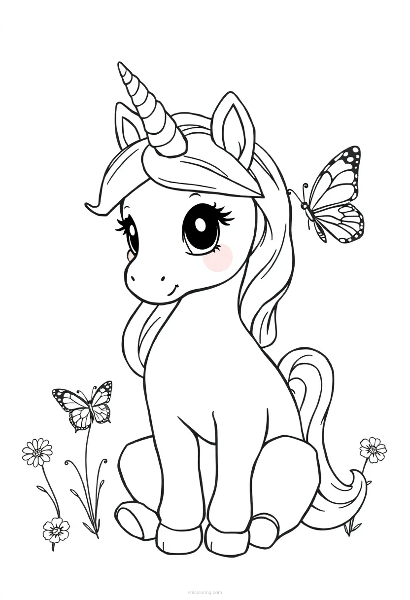 Baby Unicorn with Butterfly Friends coloring page for kids