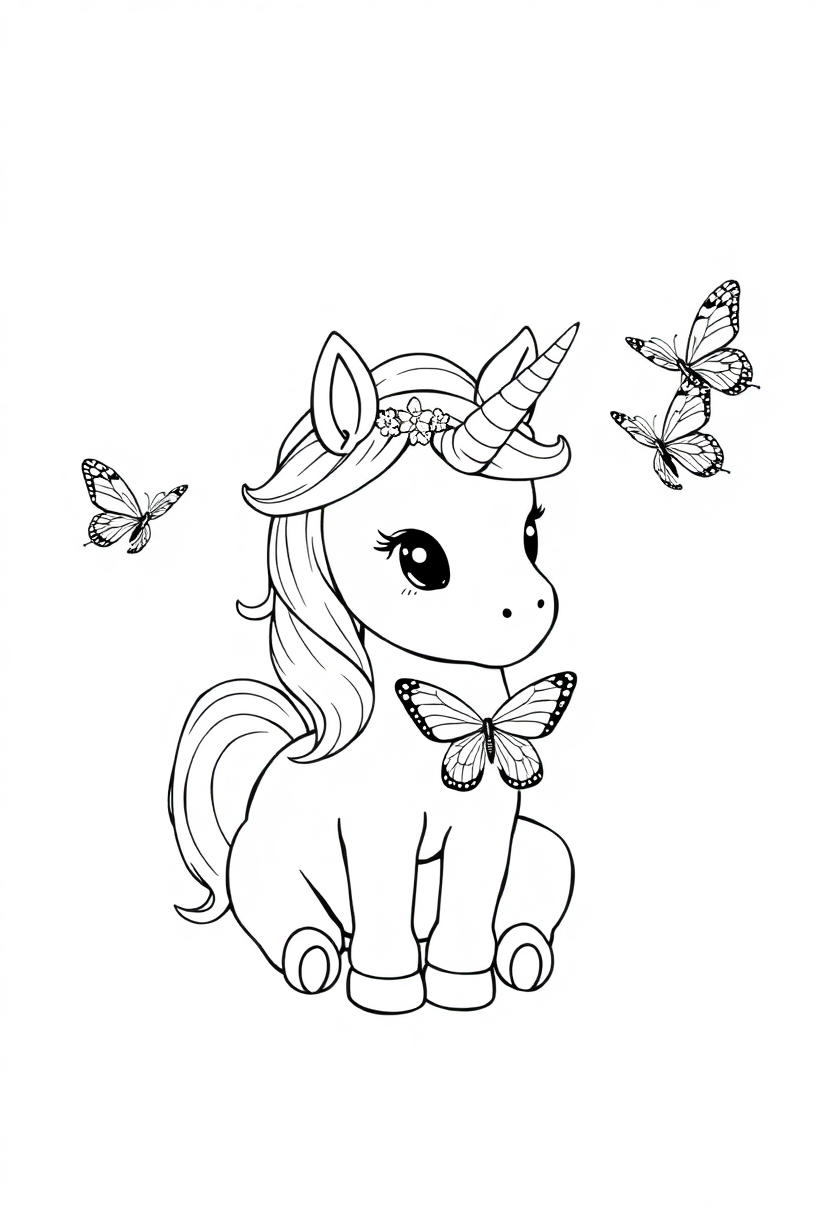 Baby Unicorn with Butterfly Friends coloring page, free printable