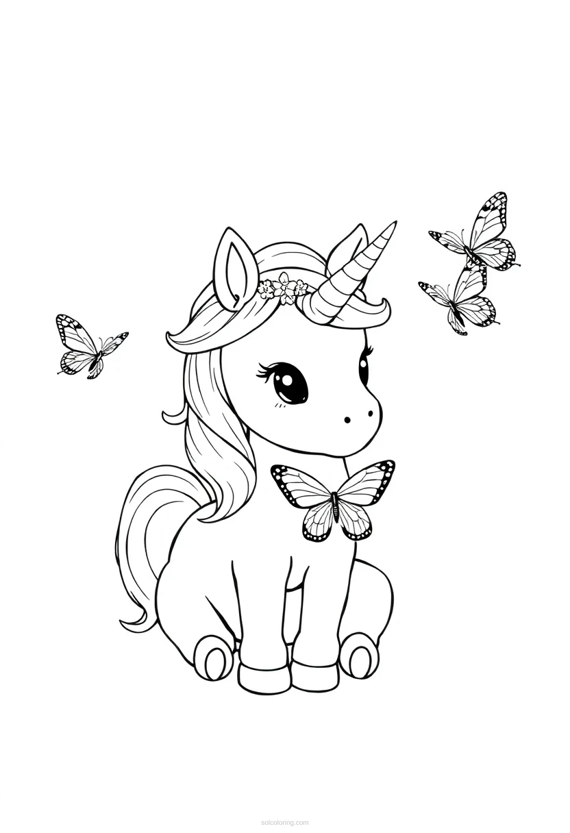 Baby Unicorn with Butterfly Friends coloring page for kids