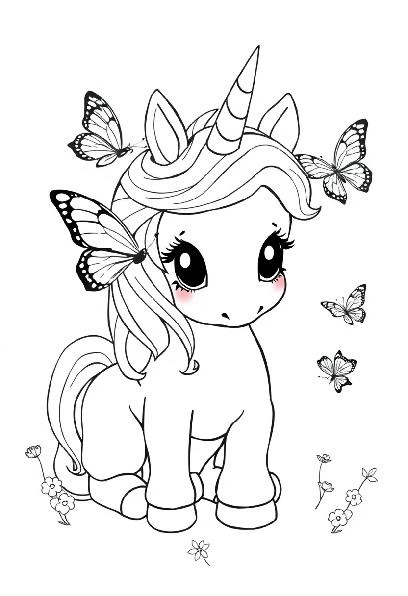 Baby Unicorn with Butterfly Friends coloring page, free printable