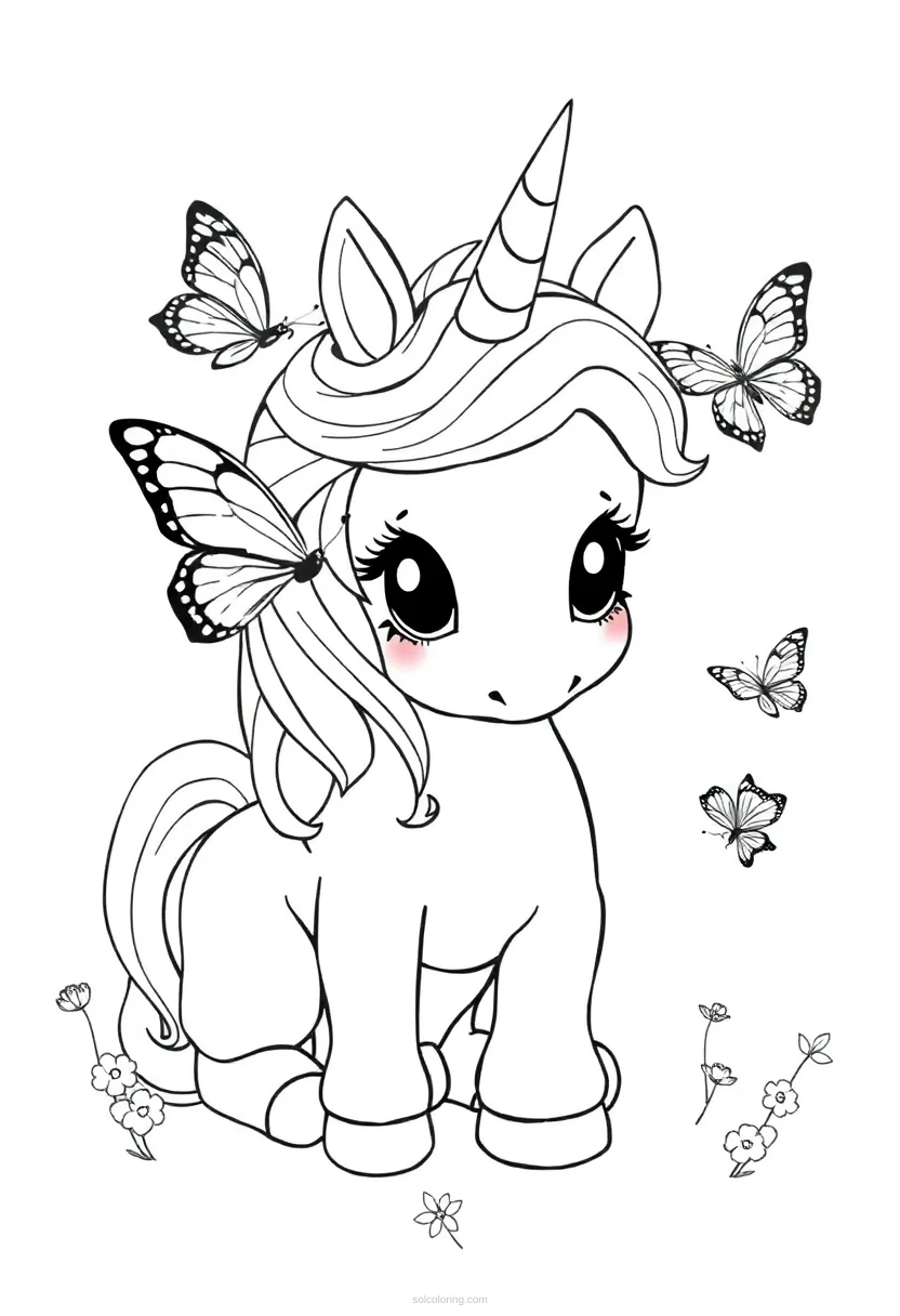 Baby Unicorn with Butterfly Friends coloring page for kids