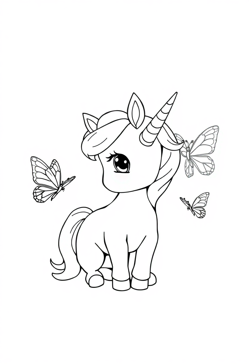 Baby Unicorn With Butterfly Friends coloring pages