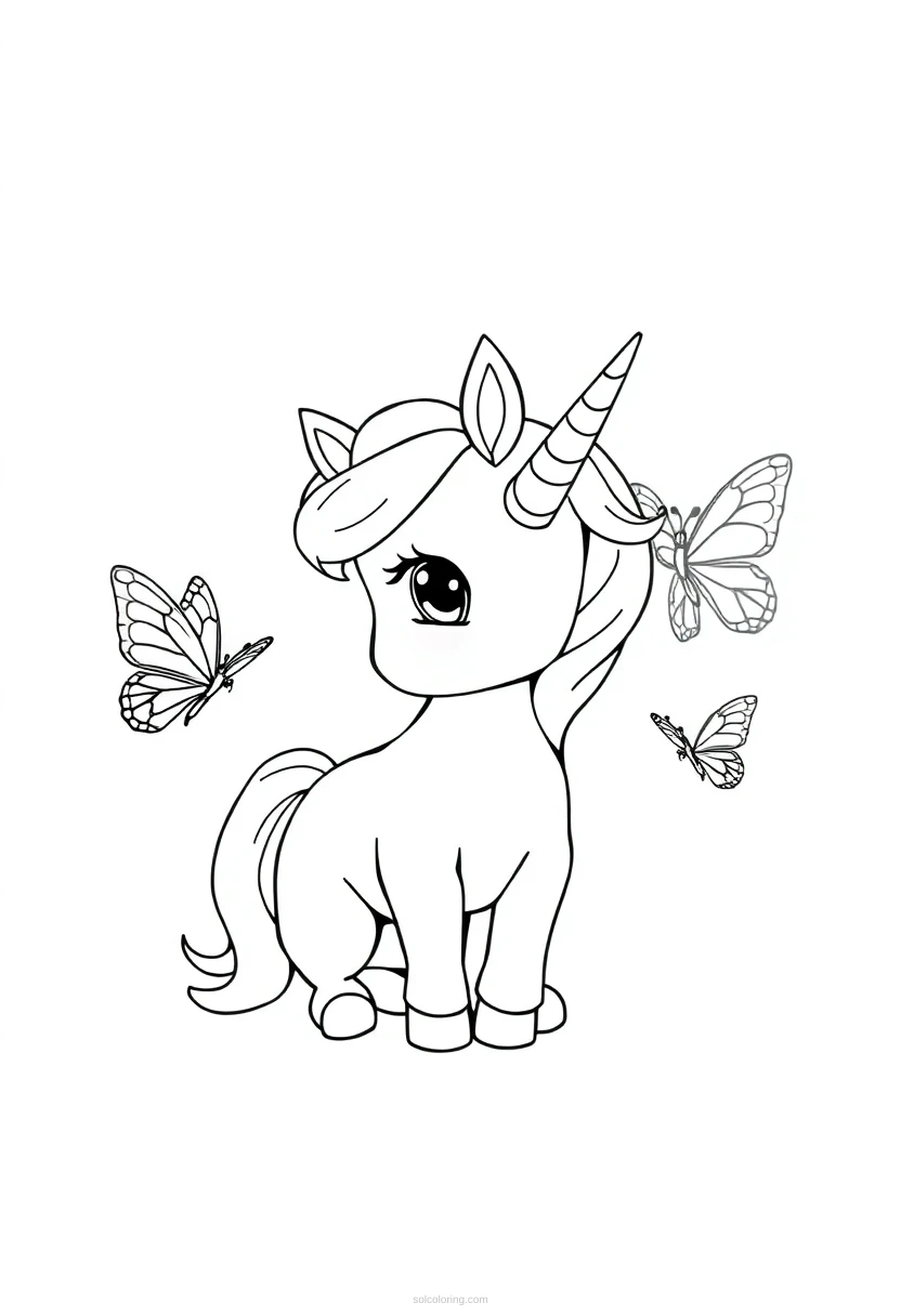 Baby Unicorn With Butterfly Friends coloring pages