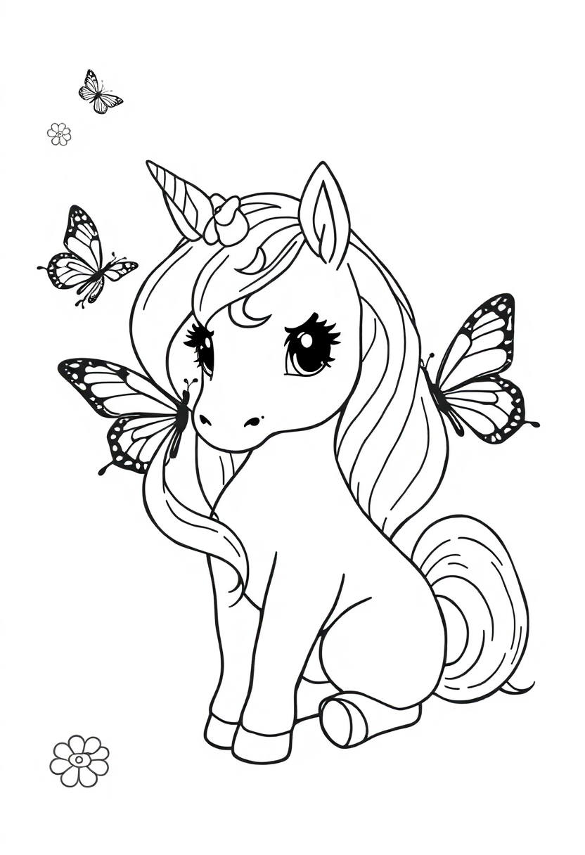 Baby Unicorn with Butterfly Friends coloring page, free printable