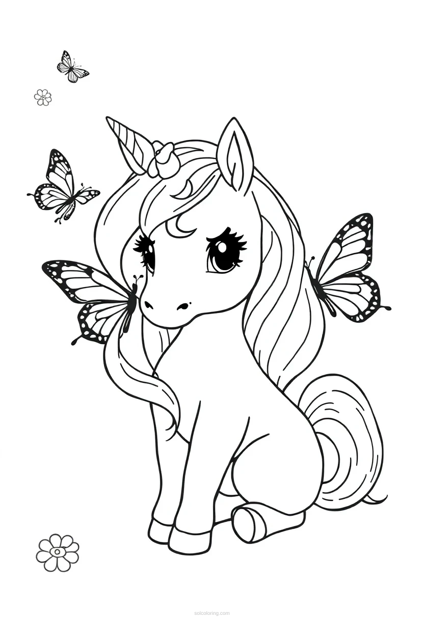 Baby Unicorn with Butterfly Friends coloring page for kids