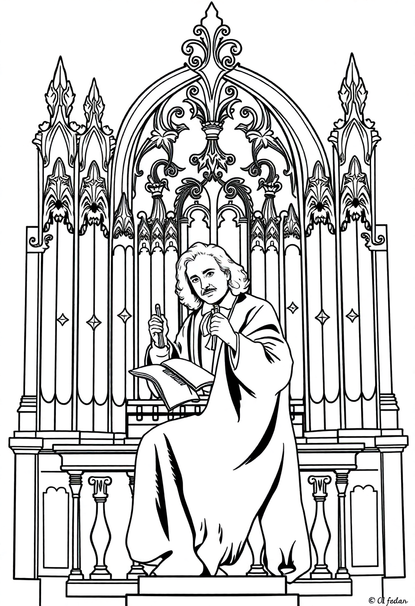 Bach at Organ coloring page, free printable