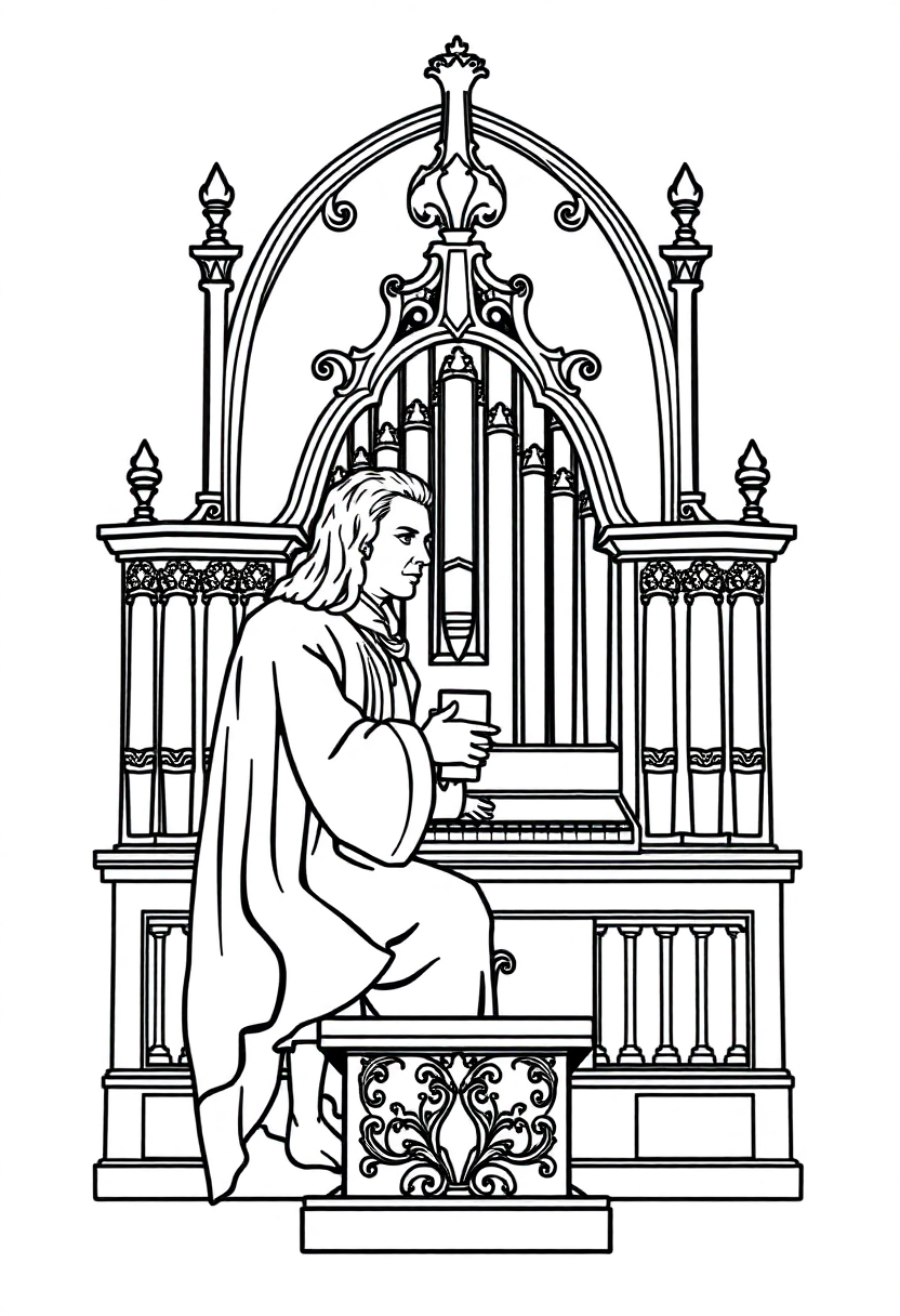 Bach at Organ coloring page, free printable