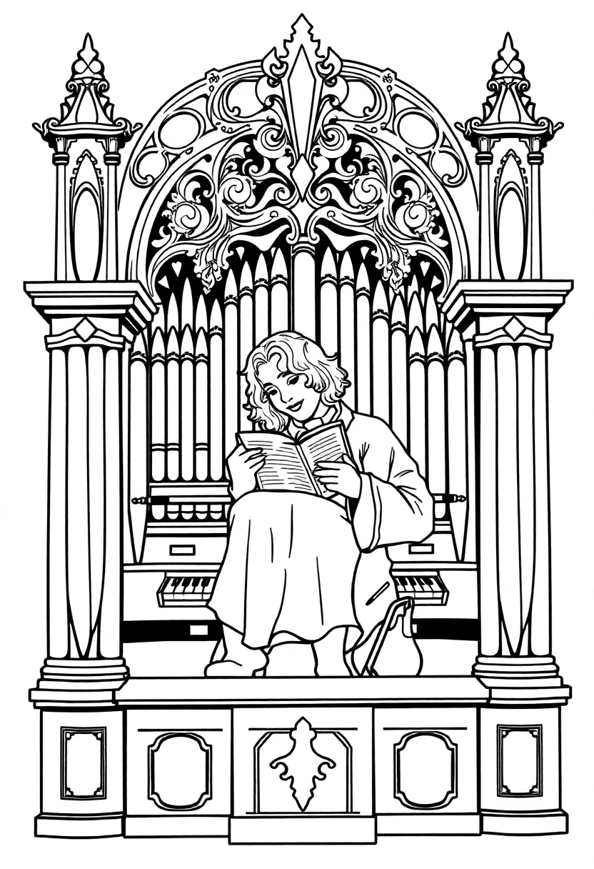 Bach at Organ coloring page, free printable