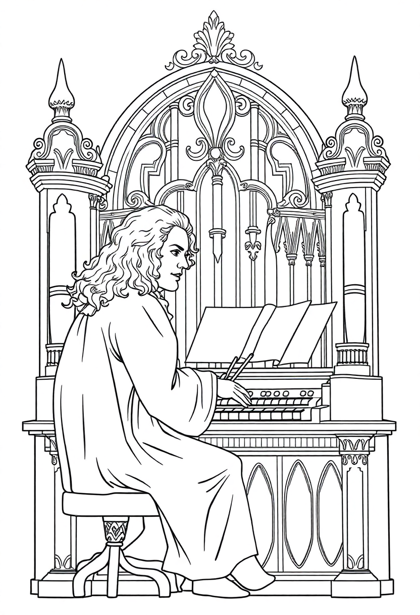 Bach at Organ coloring page, free printable