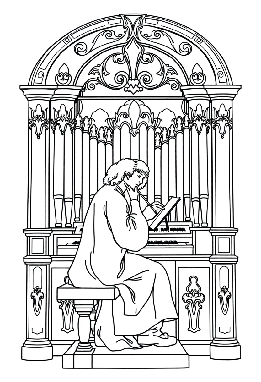 Bach at Organ coloring page, free printable