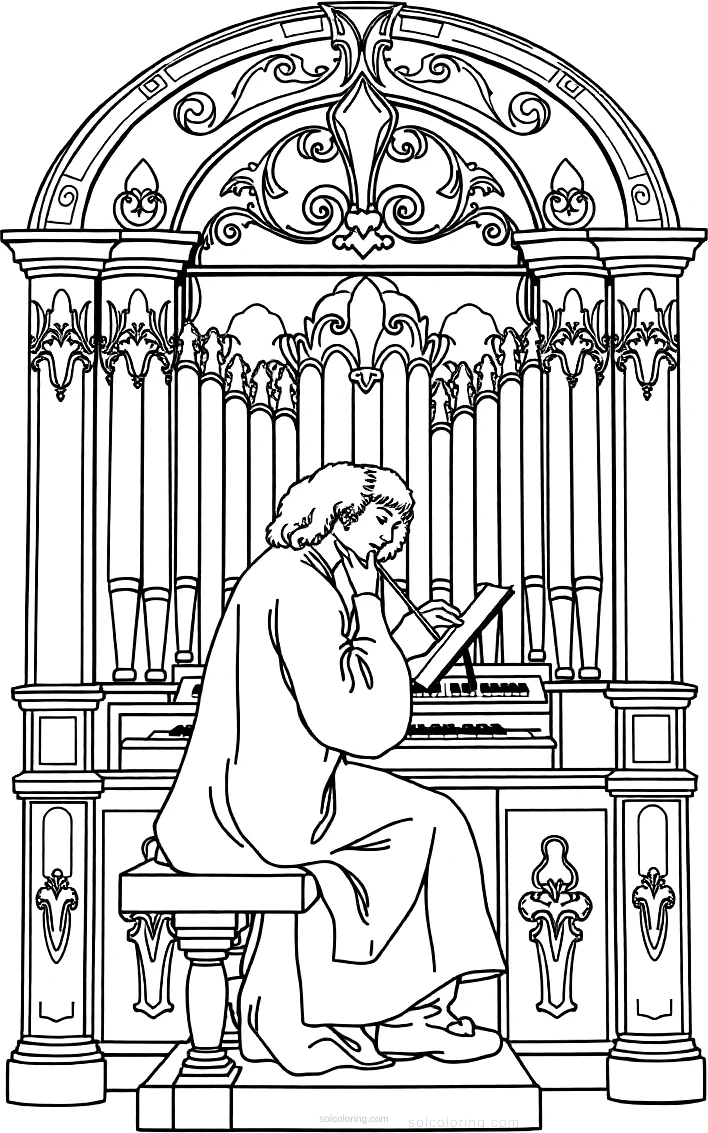 Bach at Organ coloring page for kids