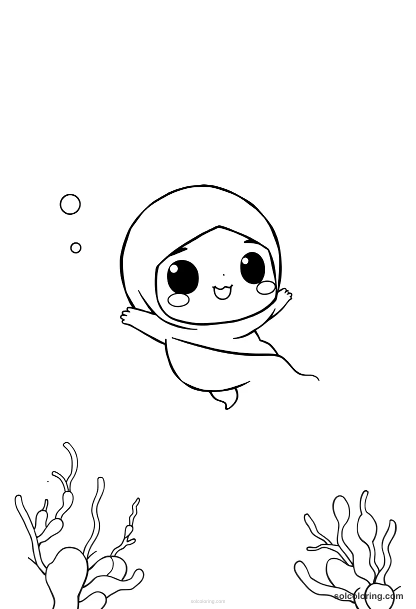 Chibi Badr Basim swimming in the magical sea chibi coloring page for kids