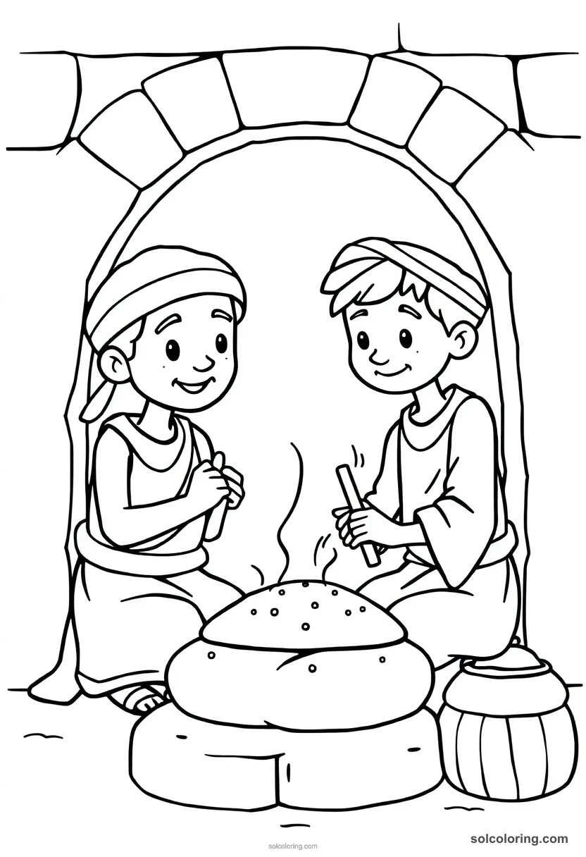 Cute Cartoon Bakers Kneading Bread by the Oven cute cartoon coloring page for kids
