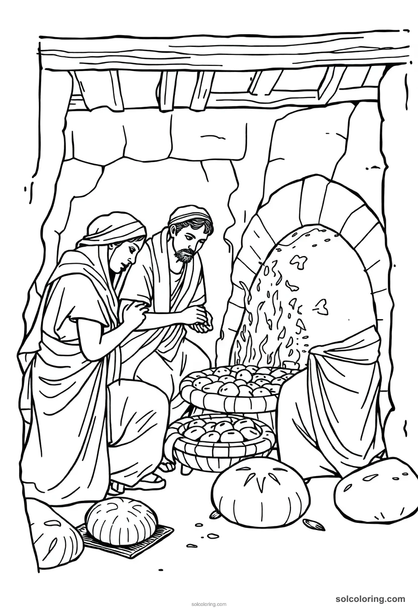 Bakers Kneading Bread by the Oven detailed coloring page for kids