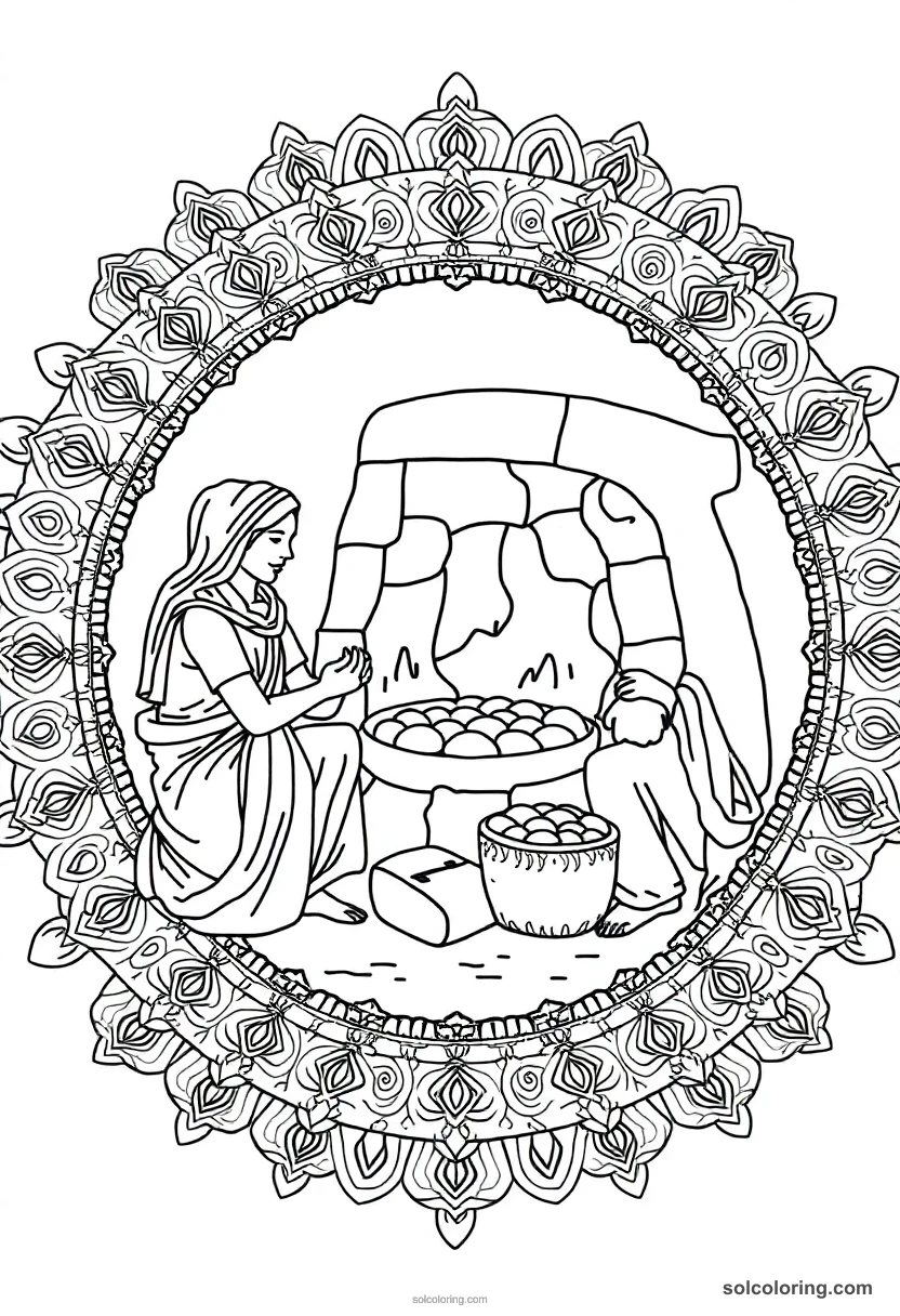 Mandala Bakers Kneading Bread by the Oven mandala coloring page for kids