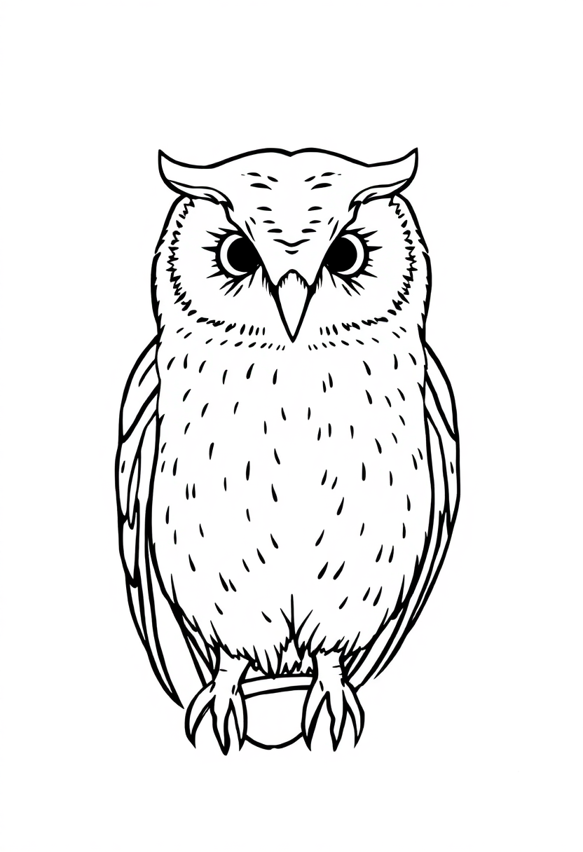 Barn owl coloring page showing owl with spread wings, heart-shaped face, and bold outlines for easy coloring