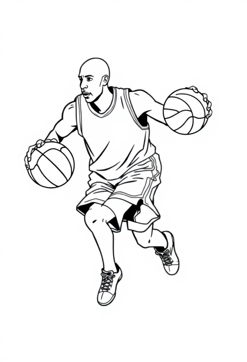Basketball player dribbling coloring page showing athlete in action with ball, featuring bold outlines for easy coloring