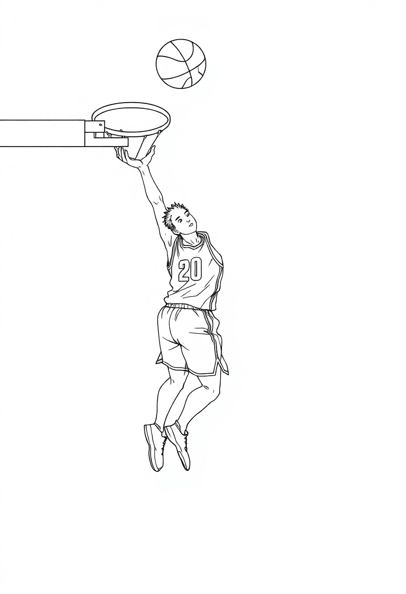 Basketball player dunking coloring page showing anime-style athlete mid-slam dunk with bold black outlines ready to color