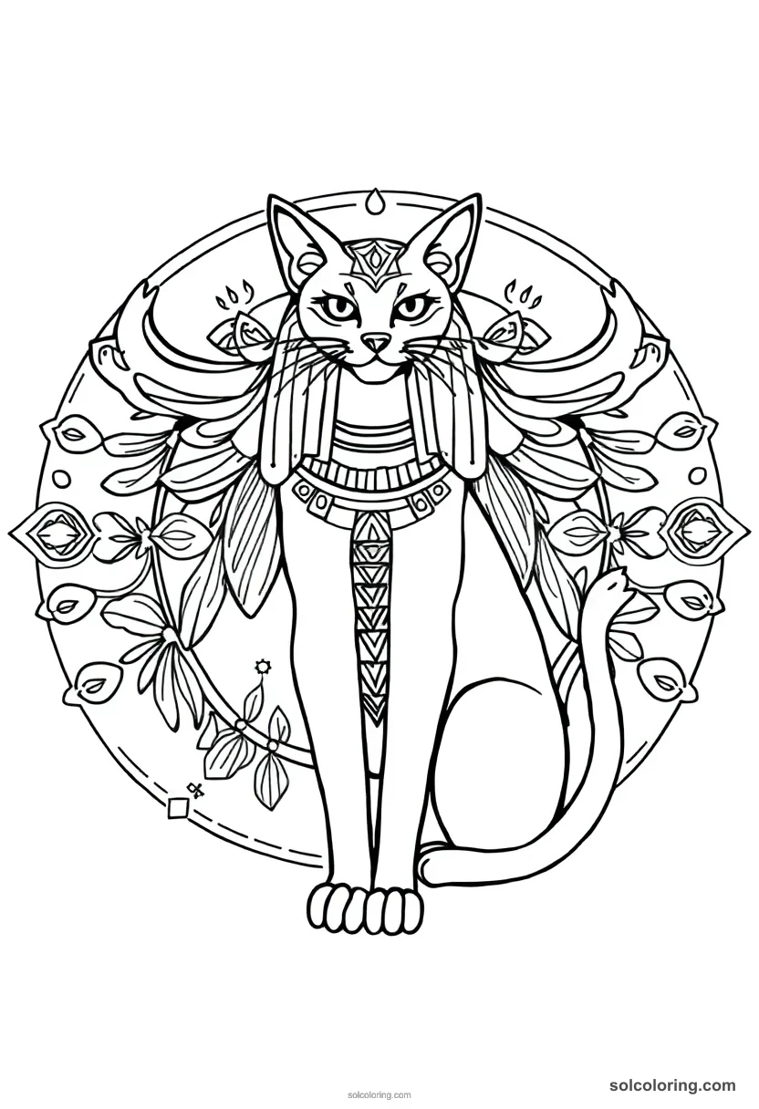 Bastet the Cat Goddess mandala coloring page for kids