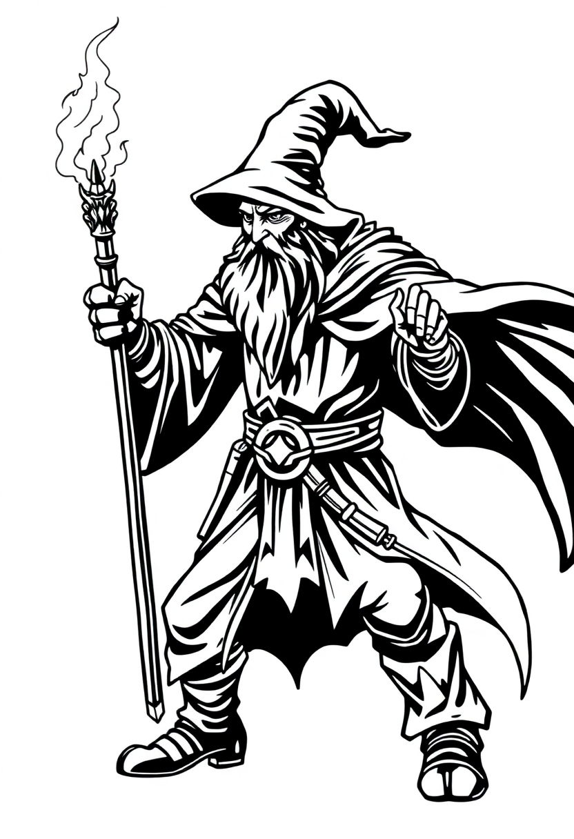 Battle Wizard with Glowing Staff coloring page for kids