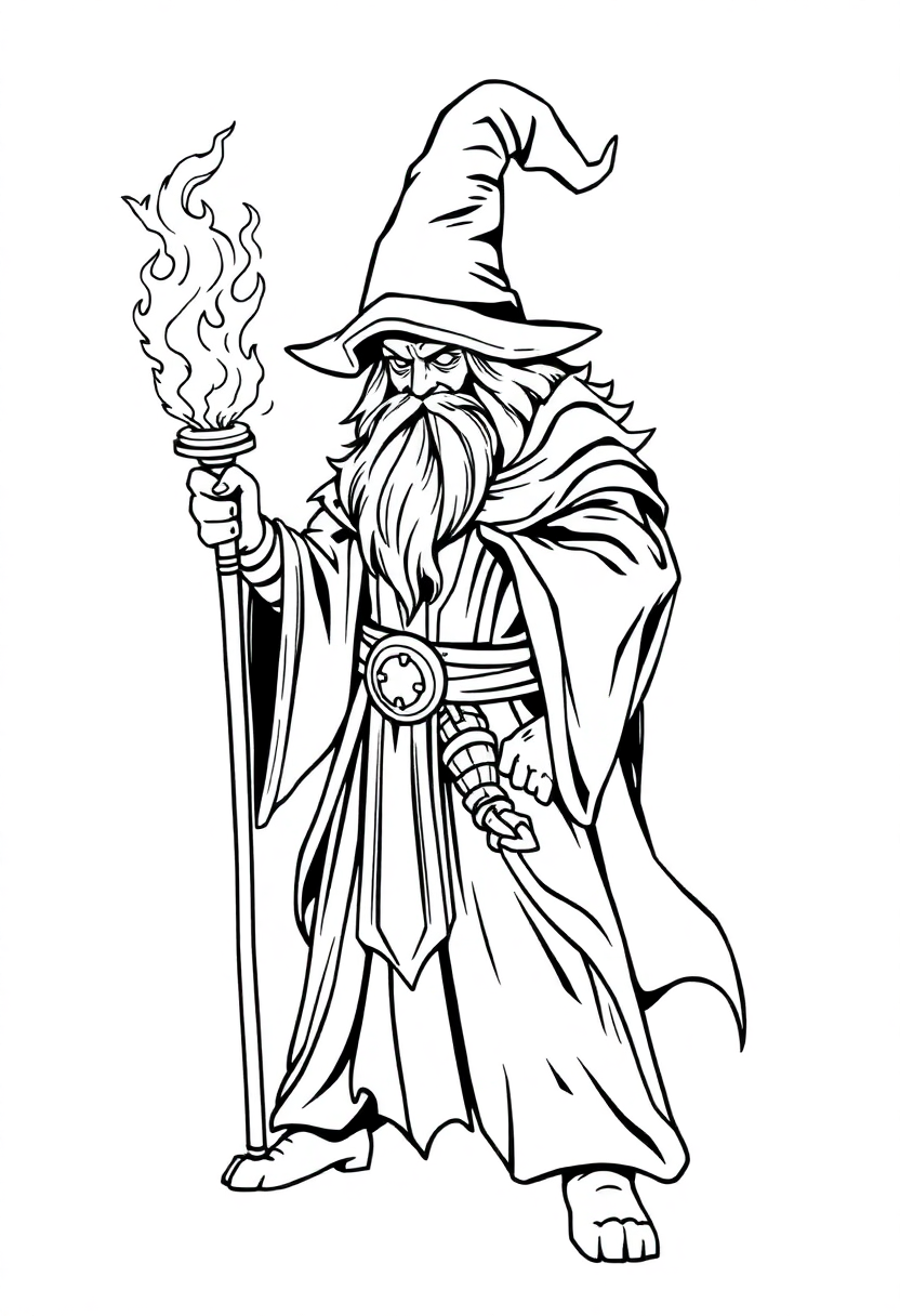 Battle Wizard with Glowing Staff coloring page for kids