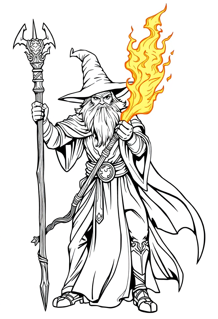 Battle Wizard with Glowing Staff coloring page for kids