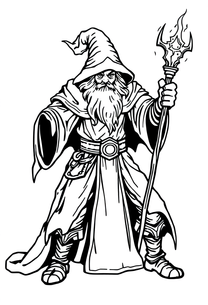 Battle Wizard with Glowing Staff coloring page for kids