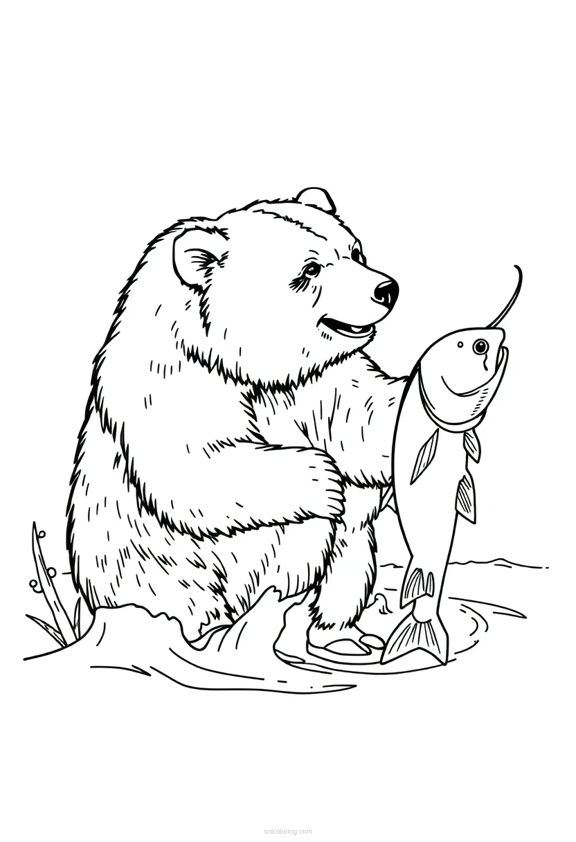Bear Catching Fish coloring page for kids
