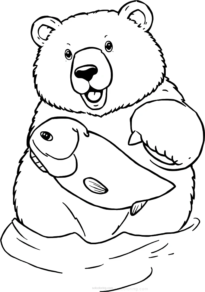 Bear Catching Fish coloring page for kids