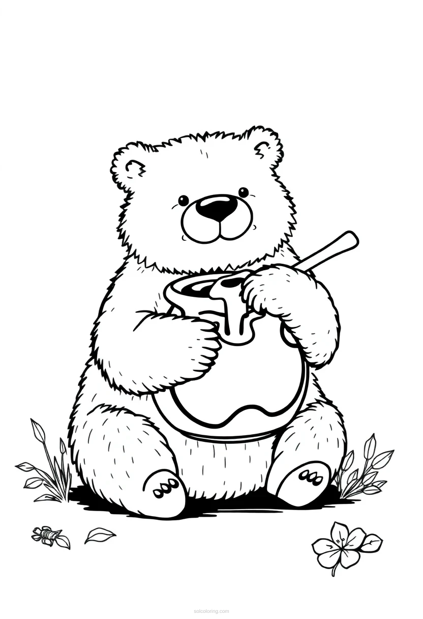 Bear Hugging Honey Pot coloring page for kids