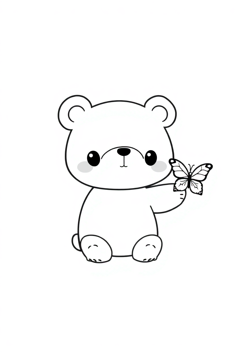 Bear with butterfly coloring page showing cute chibi bear with butterfly, black outlines on white background