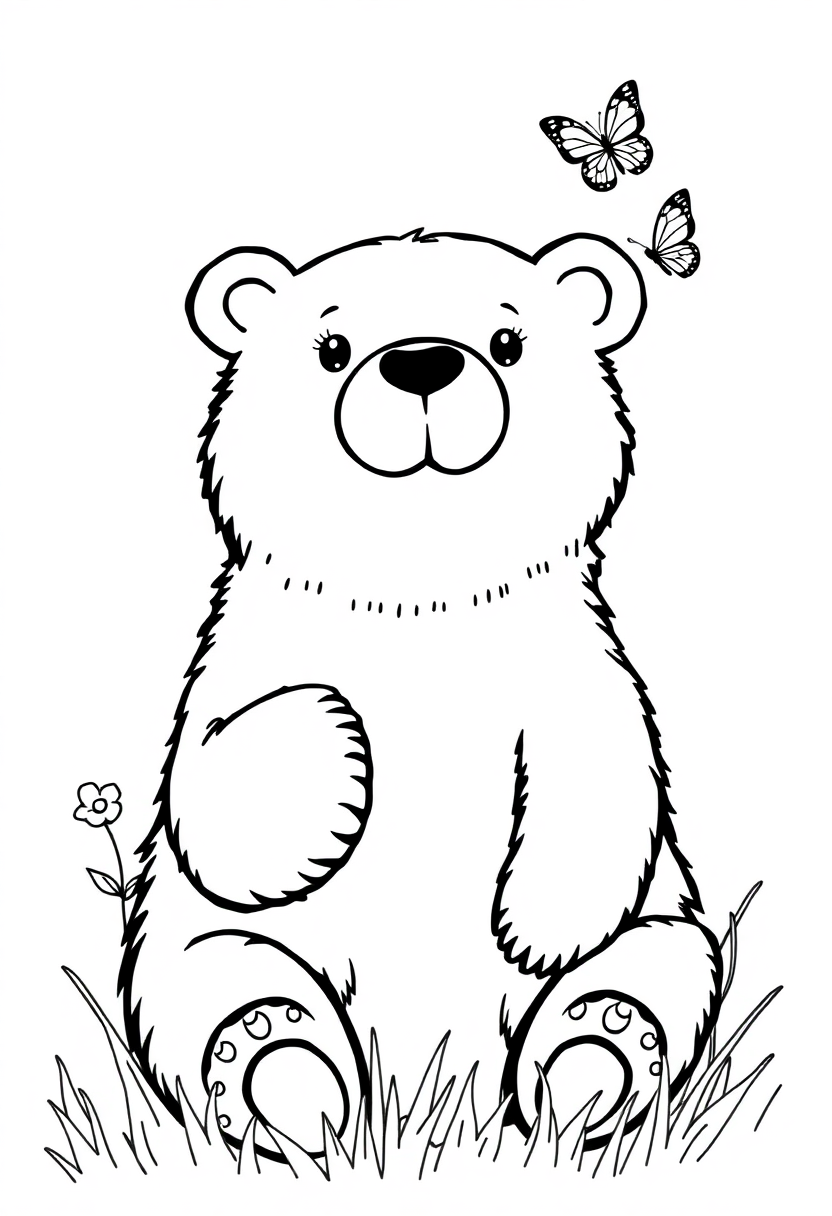 Bear with Butterfly coloring page, free printable