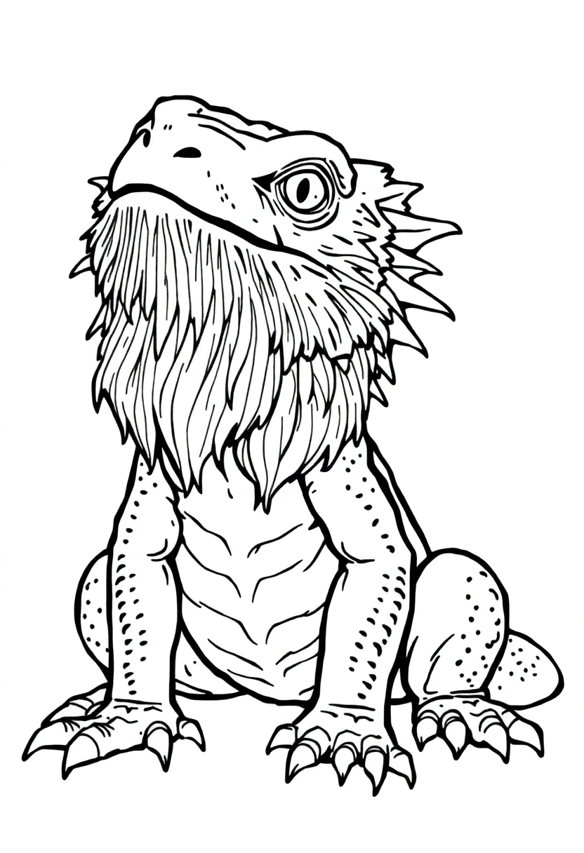 Detailed bearded dragon coloring page showing reptile with scales, spiky beard and textured skin in bold black outlines