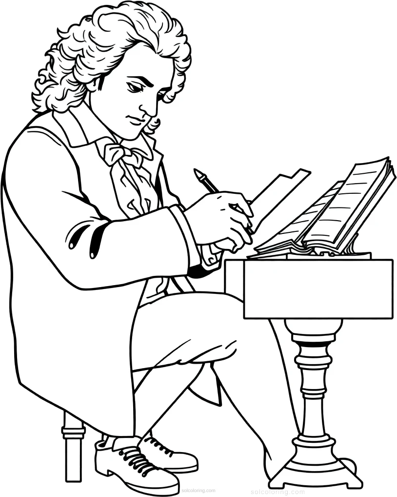 Beethoven Composing coloring page for kids