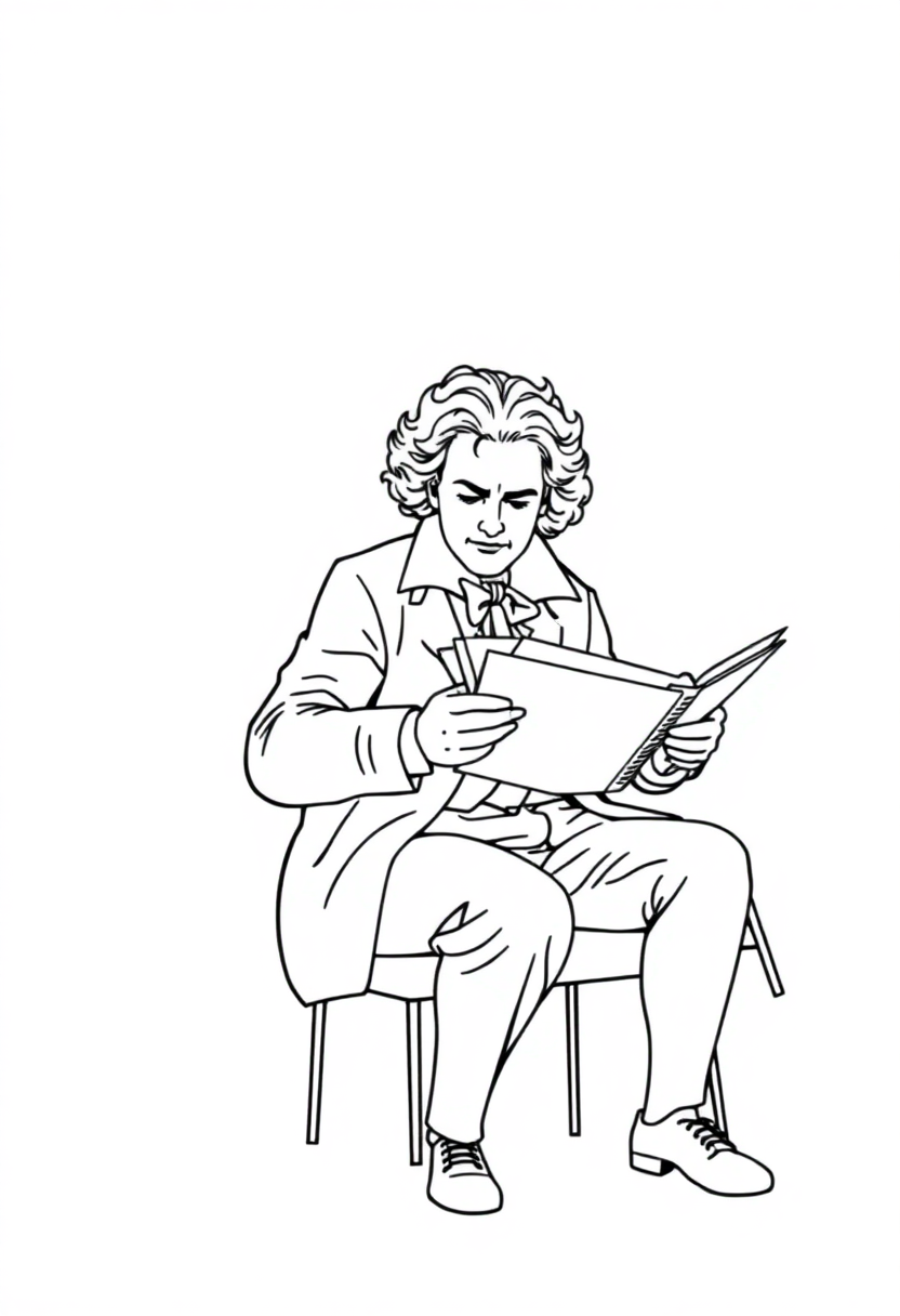 Beethoven composing music coloring page showing the famous composer at piano with musical notes and sheet music