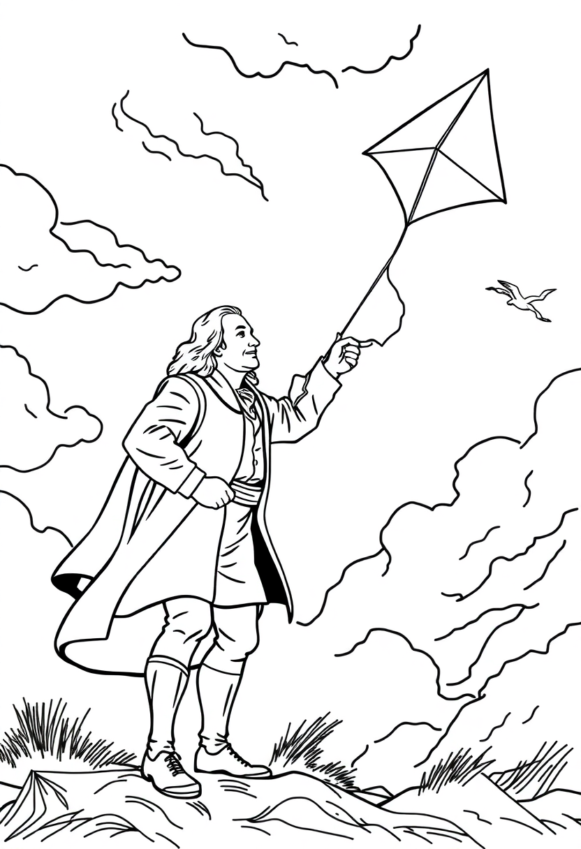 Benjamin Franklin Flying Kite in Storm coloring page, free printable
