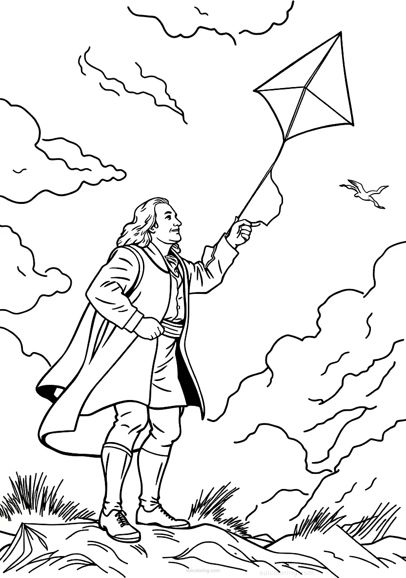 Benjamin Franklin Flying Kite in Storm coloring page for kids