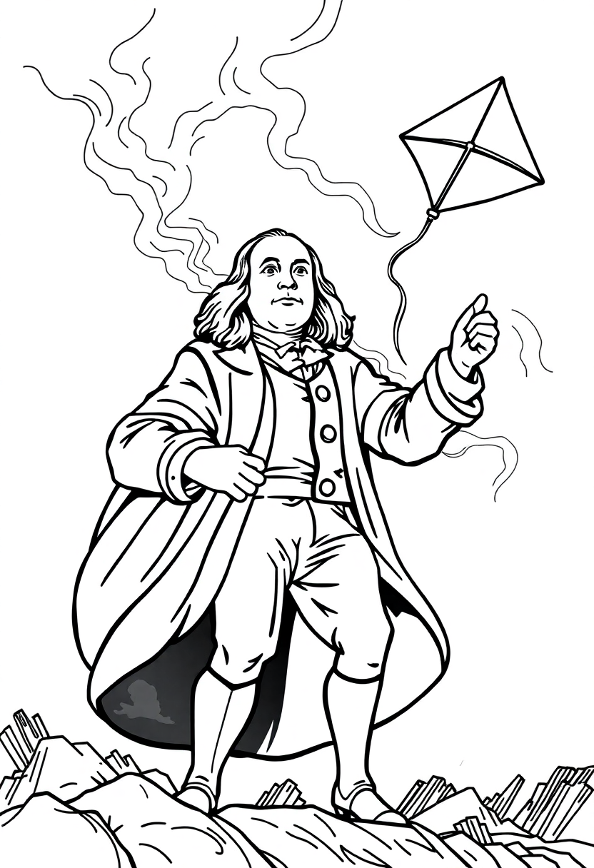 Benjamin Franklin Flying Kite in Storm coloring page, free printable