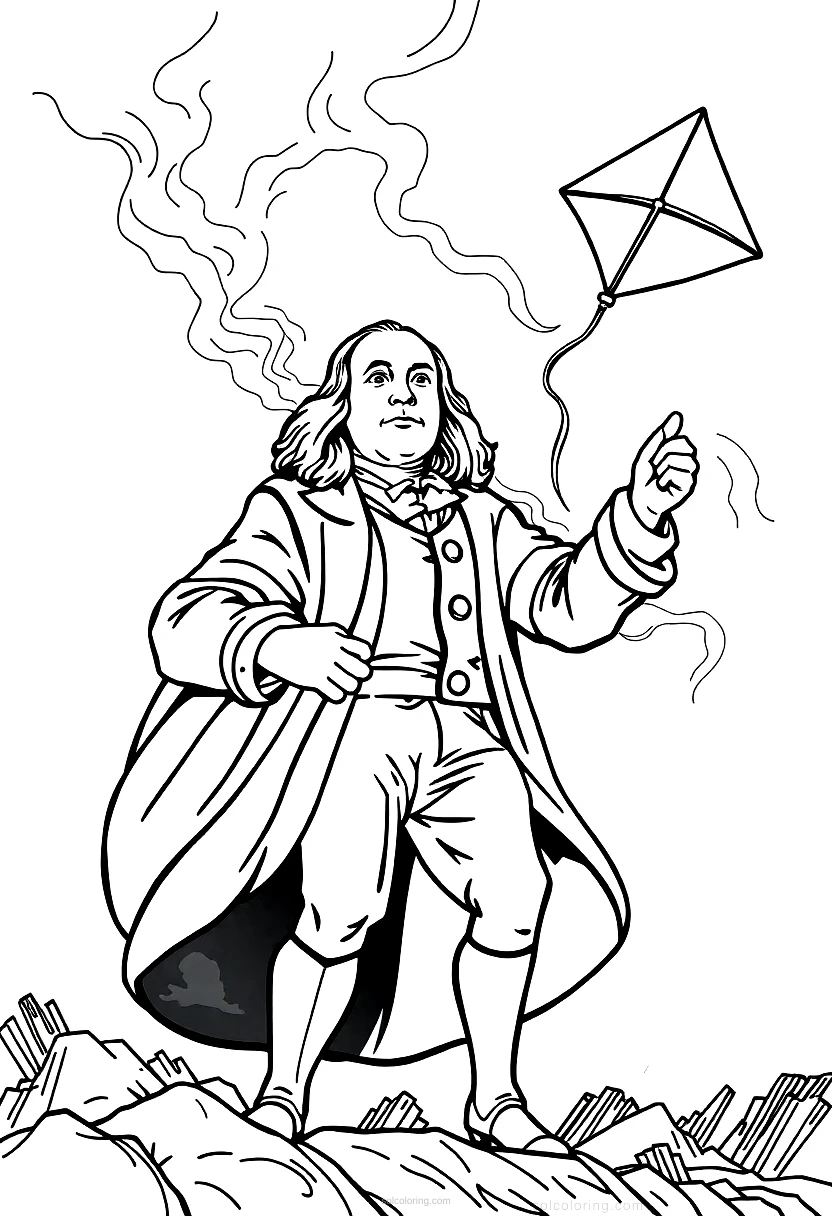Benjamin Franklin Flying Kite in Storm coloring page for kids