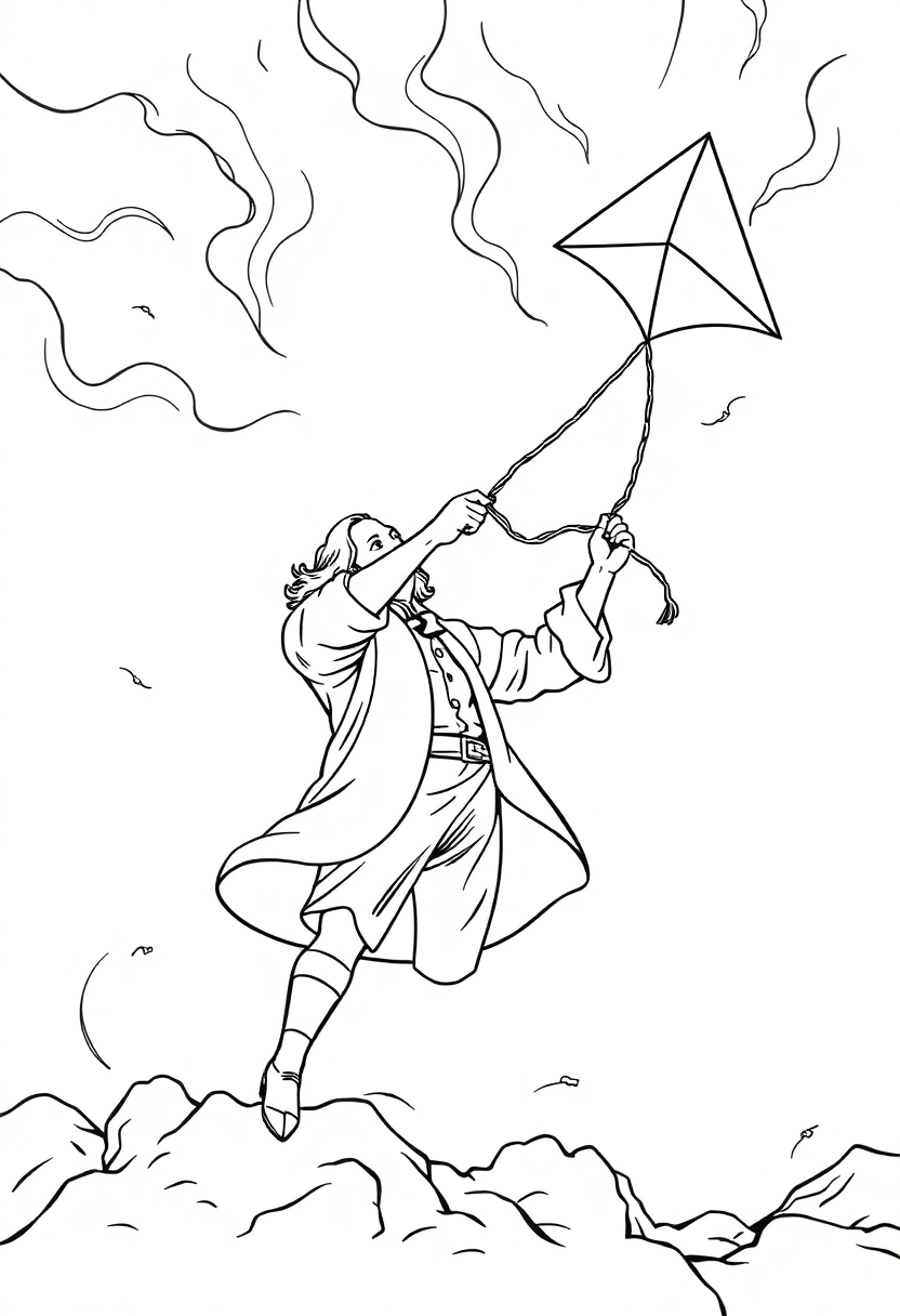 Benjamin Franklin Flying Kite in Storm coloring page, free printable