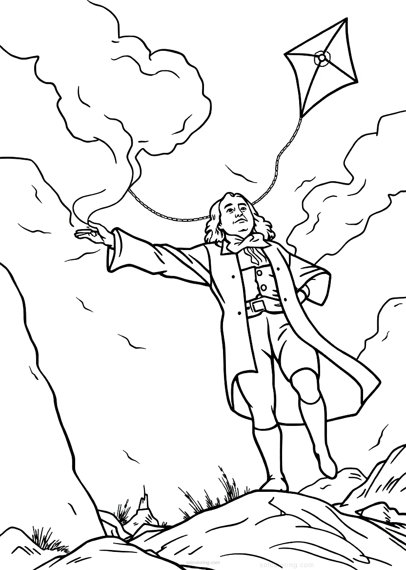 Benjamin Franklin Flying Kite in Storm coloring page for kids