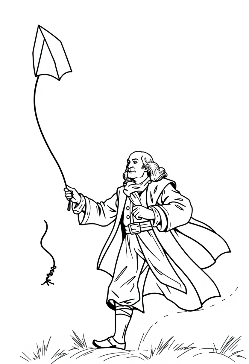 Benjamin Franklin Flying Kite in Storm coloring page, free printable