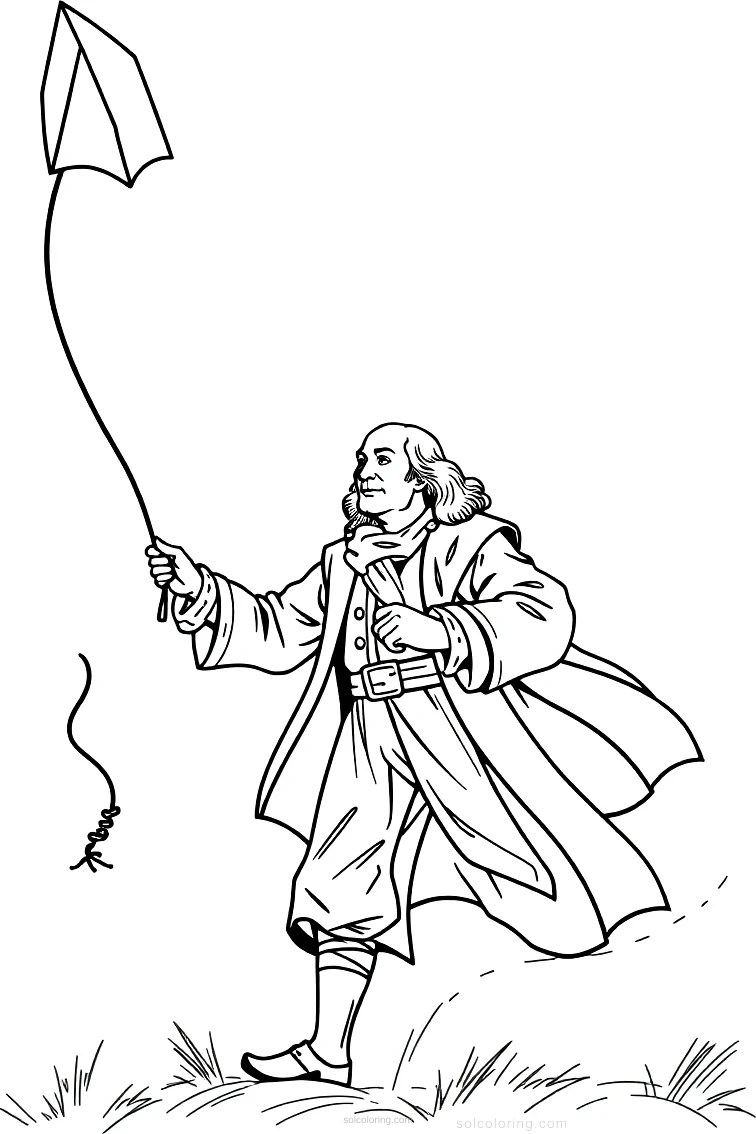 Benjamin Franklin Flying Kite in Storm coloring page for kids