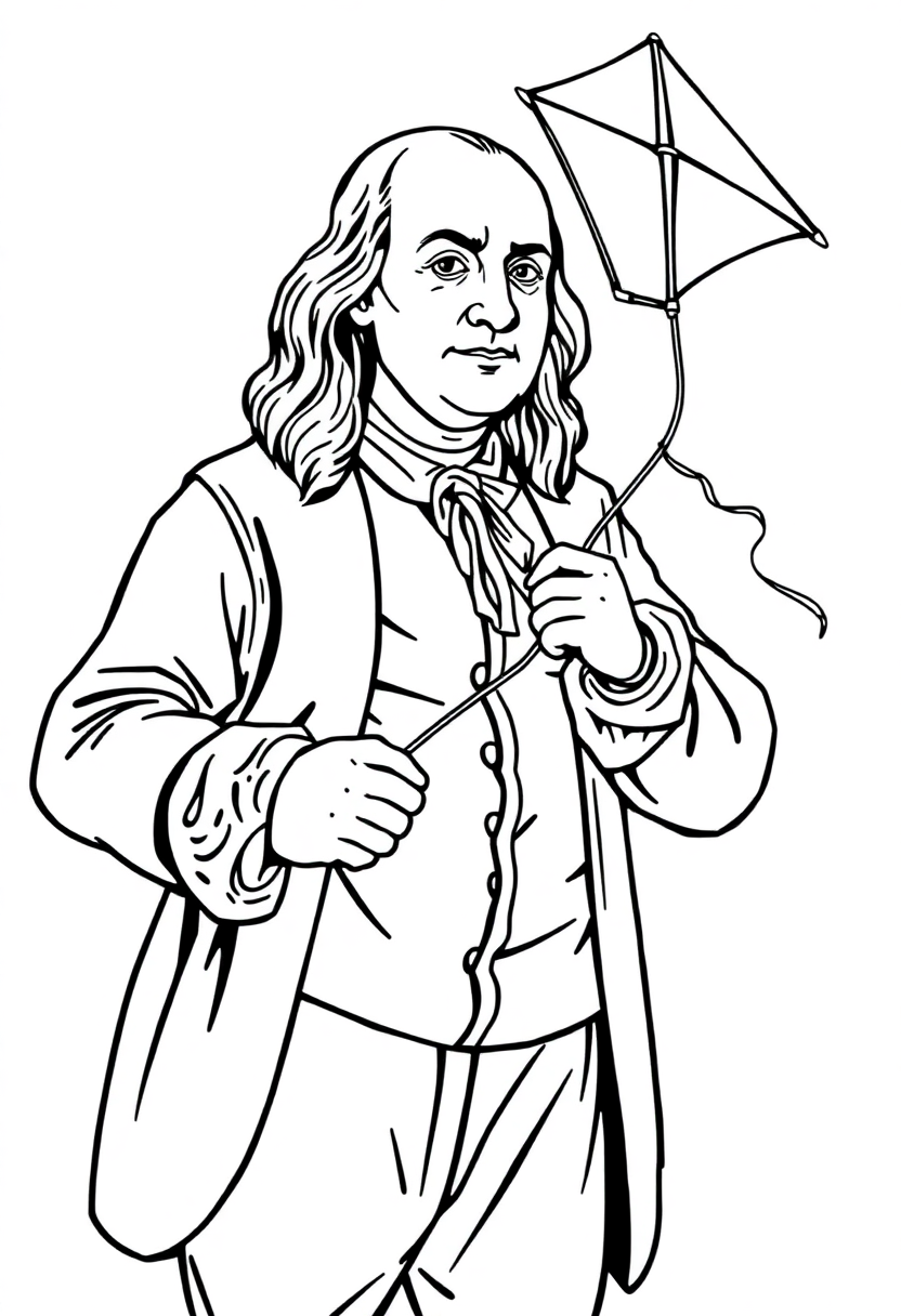 Benjamin Franklin with Kite coloring page, free printable standard style for kids and adults